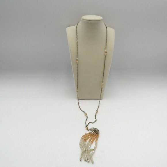 Tassel Beaded Necklace Crystal Encrusted Bead Champagne Cream Beads Silver Tone - Picture 2 of 8